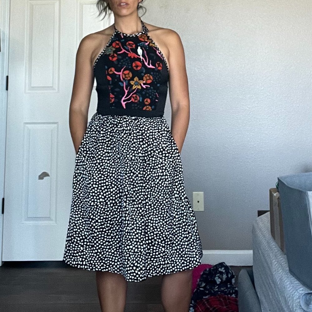 Rachel Roy Black White Spotted Floral Bird Print Halter Dress Size 2
